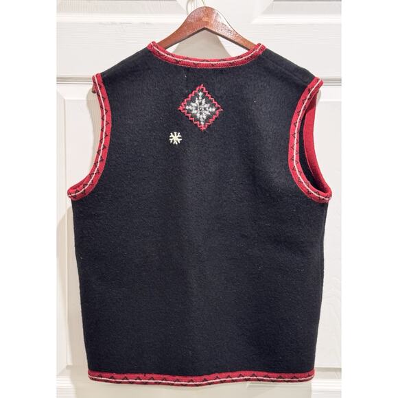 Woolrich Vest Large Black Red Wool Embroidered Winter Holiday Snowflakes Button - Picture 3 of 5